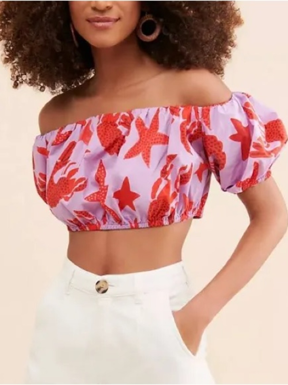 FARM Rio, Off-Shoulder Lavender Crop Top with Red Starfish Print, NWT!